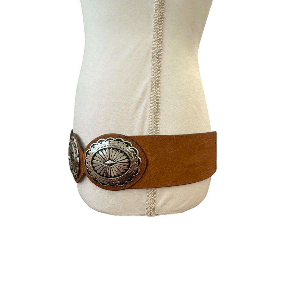 Western Concho Statement Belt Cognac Brown Faux Leather Silver Tone Stretch 38” - Picture 7 of 7